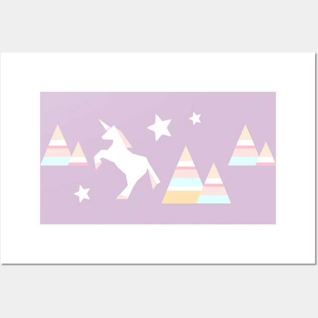 Repeating pattern with unicorns, hills and stars on purple background Wall Art by SooperYela